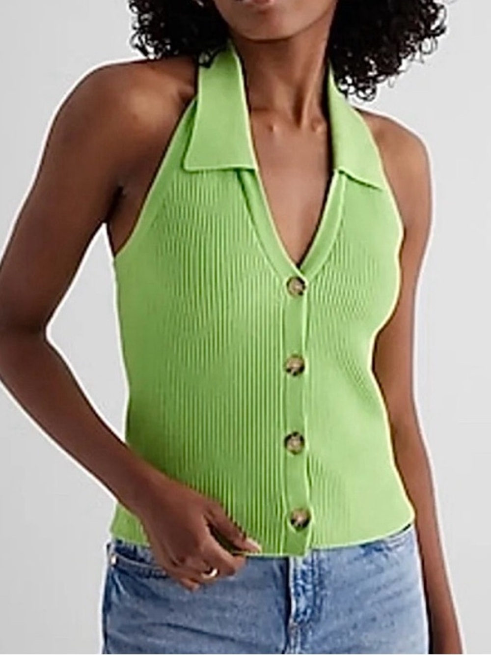Express Ribbed Halter Neck Sleeveless Polo Cardigan lime green NEW